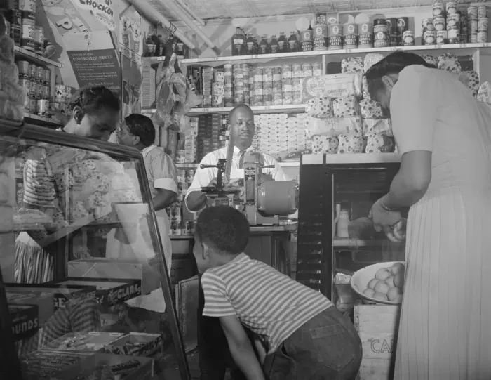 Framed Print : Grocery store owned by Mr. J. Benjamin, on Saturday afternoon, Washington, D. C. 1942. Creator: Gordon Parks Framed Print : Grocery store owned by Mr. J. Benjamin, on Saturday afternoon, Washington, D. C. 1942. Creator: Gordon Parks