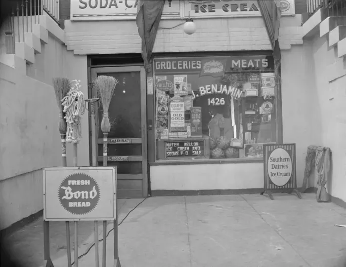 Framed Print : Grocery store across the street from Mrs. Ella Watson... Washington, D.C. 1942. Creator: Gordon Parks Framed Print : Grocery store across the street from Mrs. Ella Watson... Washington, D.C. 1942. Creator: Gordon Parks