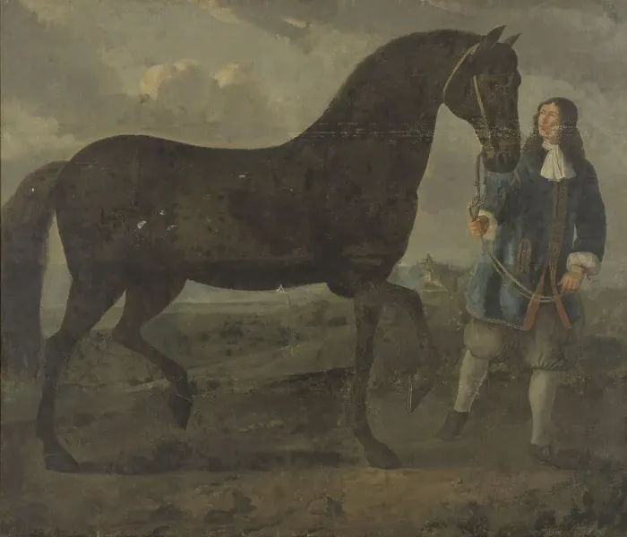 Framed Print : Groom with black horse, c.1670. Creator: Unknown Framed Print : Groom with black horse, c.1670. Creator: Unknown