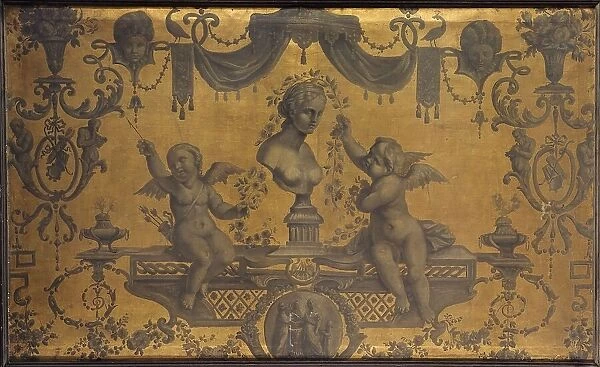 Grotesque decorative panel, two cupids crowning a bust with flowers, between 1801 and 1900. Creator: Unknown