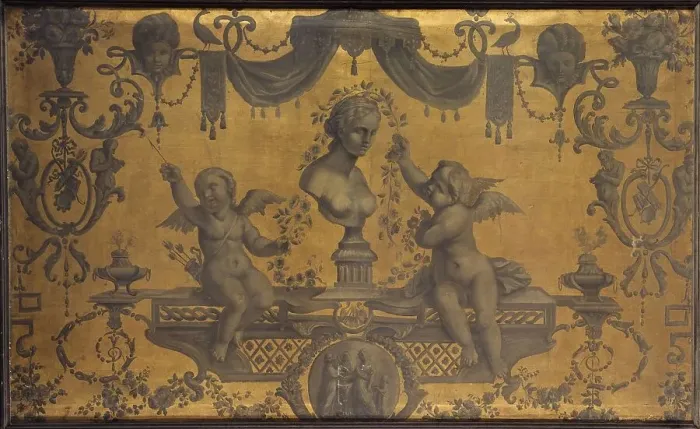 Framed Print : Grotesque decorative panel, two cupids crowning a bust with flowers, between 1801 and 1900. Creator: Unknown Framed Print : Grotesque decorative panel, two cupids crowning a bust with flowers, between 1801 and 1900. Creator: Unknown