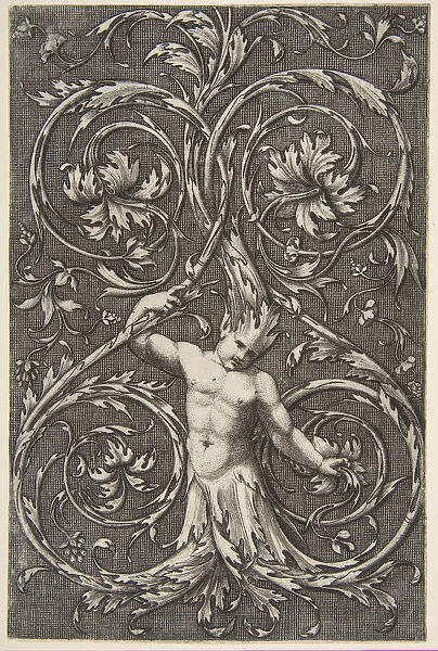 Grotesque with male figure with lower body and head of acanthus scrolls, ca. 1515-1600