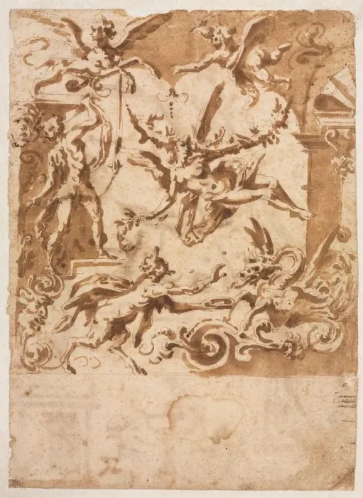Framed Print : Grotesque with a Satyr Feeding a Dragon (recto), c. 1565 / 1588. Creator: Marco Marchetti (Italian Framed Print : Grotesque with a Satyr Feeding a Dragon (recto), c. 1565 / 1588. Creator: Marco Marchetti (Italian