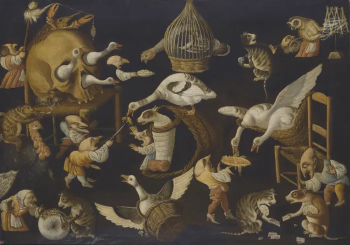 Framed Print : A Grotesque Scene With Animals Playing And a Dog Wrapped In Swaddling Clothes, Second Half of the 17