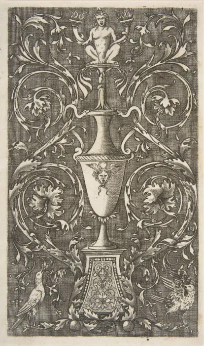Framed Print : Grotesque with a vase, birds and acanthus scrolls, ca. 1515-1600. Creator: Unknown Framed Print : Grotesque with a vase, birds and acanthus scrolls, ca. 1515-1600. Creator: Unknown