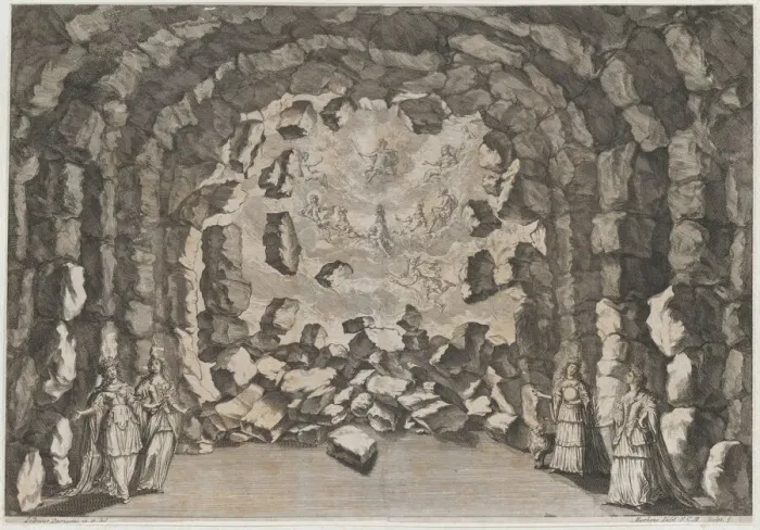 Framed Print : A grotto with collapsing rocks, opening to a sky full of the enthroned gods of Olympus, in... 1678. Creator: Mathaus Küsel Framed Print : A grotto with collapsing rocks, opening to a sky full of the enthroned gods of Olympus, in... 1678. Creator: Mathaus Küsel