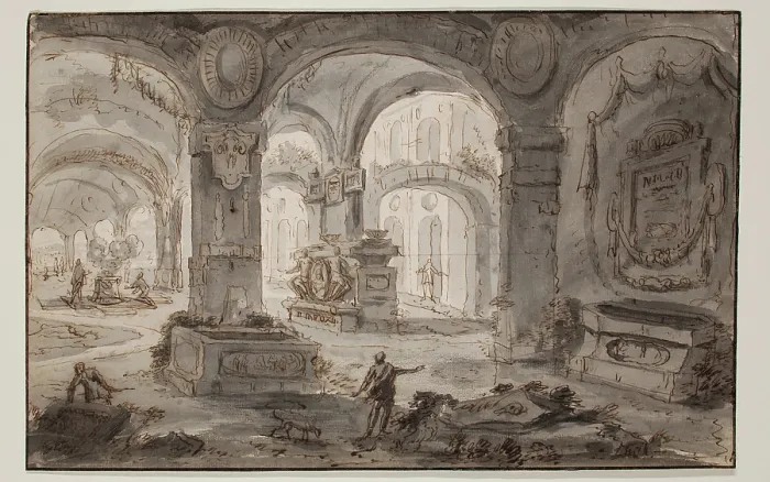 Framed Print : Grotto with Tombs, between 1721 and 1787. Creator: Carlo Galli Bibiena