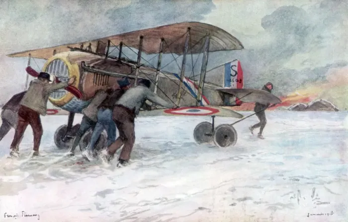Framed Print : Ground crew attending to a French Spad on a snow-covered field, 1918, (1926). Artist: Francois Flameng Framed Print : Ground crew attending to a French Spad on a snow-covered field, 1918, (1926). Artist: Francois Flameng