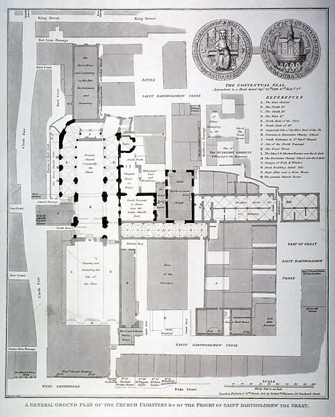 Ground plan of St Bartholomews Priory, Smithfield, City of London, 1821