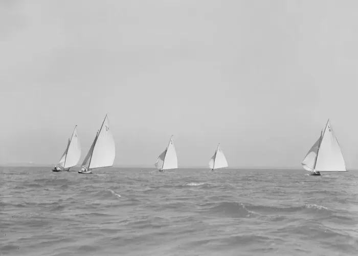 Framed Print : Group of 6 Metres racing downwind, 1911. Creator: Kirk & Sons of Cowes Framed Print : Group of 6 Metres racing downwind, 1911. Creator: Kirk & Sons of Cowes