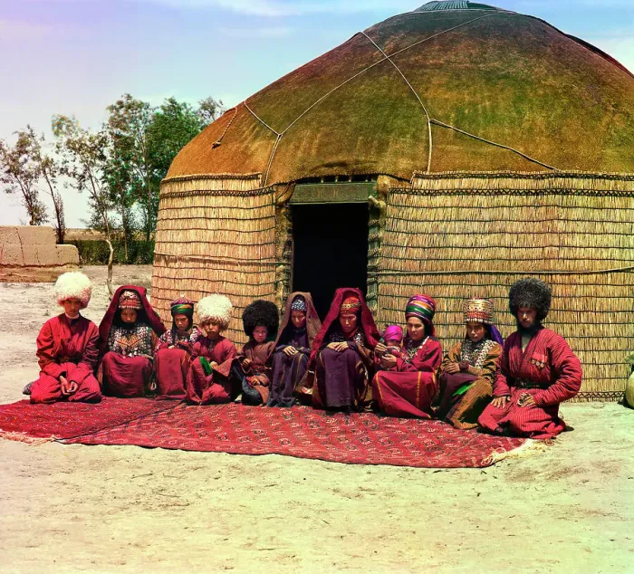 Framed Print : Group of eleven adults and children, seated on a rug, in front of a yurt, between 1905 and 1915. Creator: Sergey Mikhaylovich Prokudin-Gorsky Framed Print : Group of eleven adults and children, seated on a rug, in front of a yurt, between 1905 and 1915. Creator: Sergey Mikhaylovich Prokudin-Gorsky