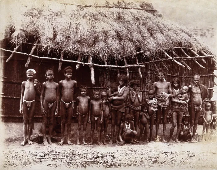 Framed Print : A group of adults and children standing in a line outside a bamboo hut with a thatched... 1896 / 1897 Creator: Unknown Framed Print : A group of adults and children standing in a line outside a bamboo hut with a thatched... 1896 / 1897 Creator: Unknown