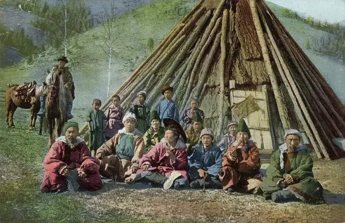 Framed Print : Group of Altai Beside a Dwelling (Chaadyr), Katun River Valley, 1911-1913. Creator: Sergei Ivanovich Borisov Framed Print : Group of Altai Beside a Dwelling (Chaadyr), Katun River Valley, 1911-1913. Creator: Sergei Ivanovich Borisov