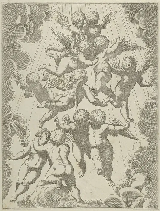 Framed Print : A group of angels embracing in flight, framed by clouds, after Reni, ca. 1600-1640. Creator: Anon Framed Print : A group of angels embracing in flight, framed by clouds, after Reni, ca. 1600-1640. Creator: Anon