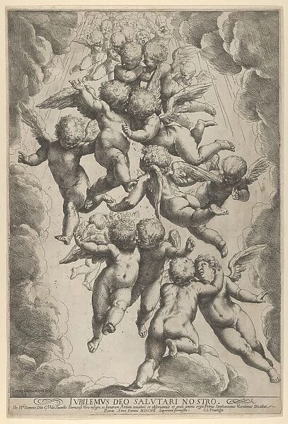 A group of angels embracing in flight, framed by clouds, ca. 1607. ca. 1607