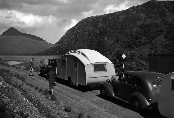 Framed Print : Group of cars and caravans camping in Scottish Highlands 1930 s. Creator: Unknown Framed Print : Group of cars and caravans camping in Scottish Highlands 1930 s. Creator: Unknown