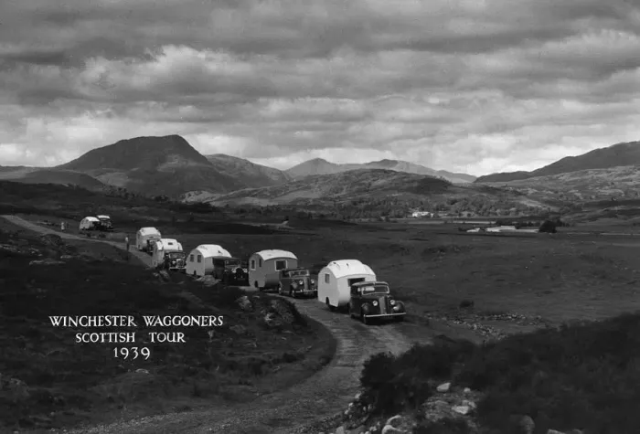 Framed Print : Group of cars and caravans camping in Scottish Highlands 1930 s. Creator: Unknown Framed Print : Group of cars and caravans camping in Scottish Highlands 1930 s. Creator: Unknown