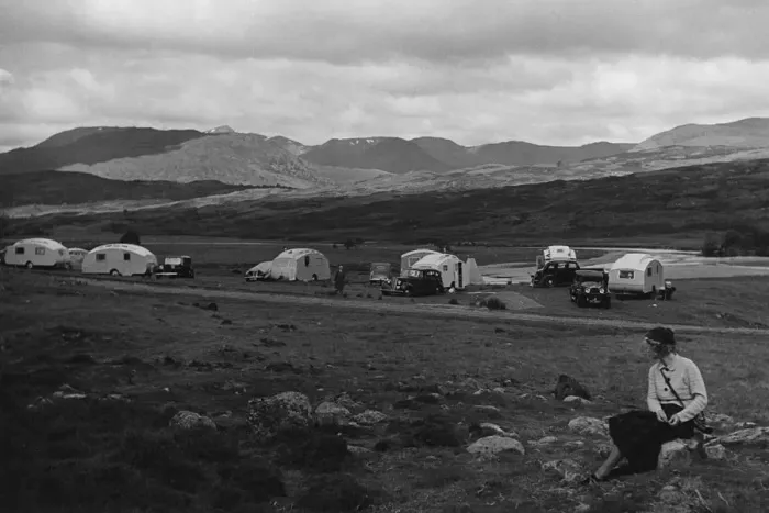 Framed Print : Group of cars and caravans camping in Scottish Highlands 1930 s. Creator: Unknown Framed Print : Group of cars and caravans camping in Scottish Highlands 1930 s. Creator: Unknown