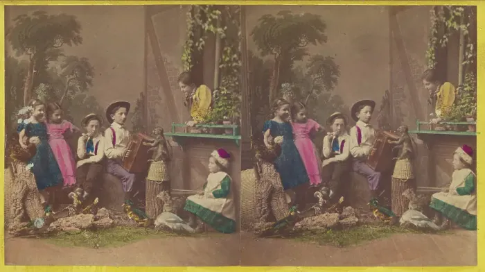 Framed Print : Group of children in native costume posed in a studio, one boy is playing an accordion...about 1870. Creator: Pauly Sisters Framed Print : Group of children in native costume posed in a studio, one boy is playing an accordion...about 1870. Creator: Pauly Sisters
