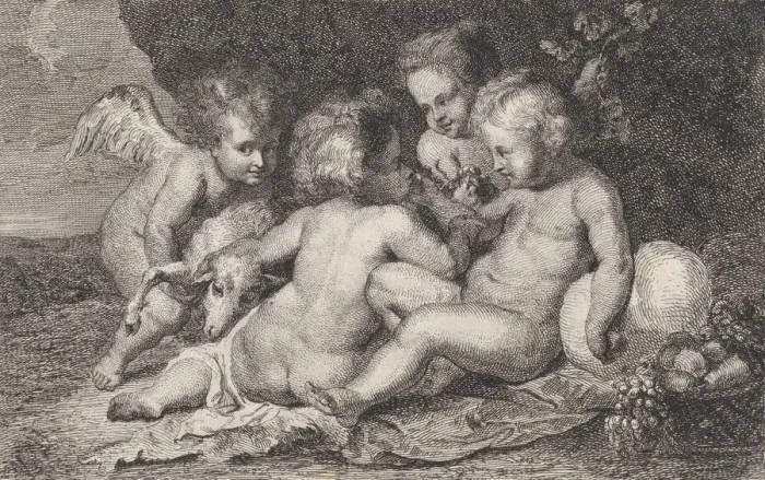 Framed Print : A group of three children and a putto with fruit and a lamb, ca. 1760-1801 Framed Print : A group of three children and a putto with fruit and a lamb, ca. 1760-1801
