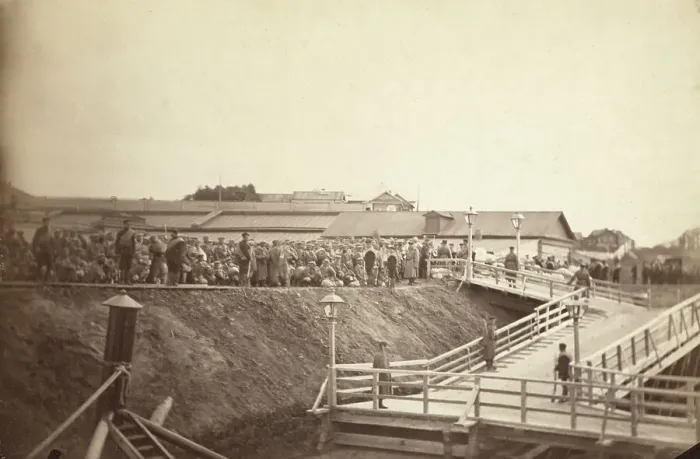 Framed Print : Group of convicts at head of inclined plane leading to barge, between 1885 and 1886. Creator: Unknown Framed Print : Group of convicts at head of inclined plane leading to barge, between 1885 and 1886. Creator: Unknown