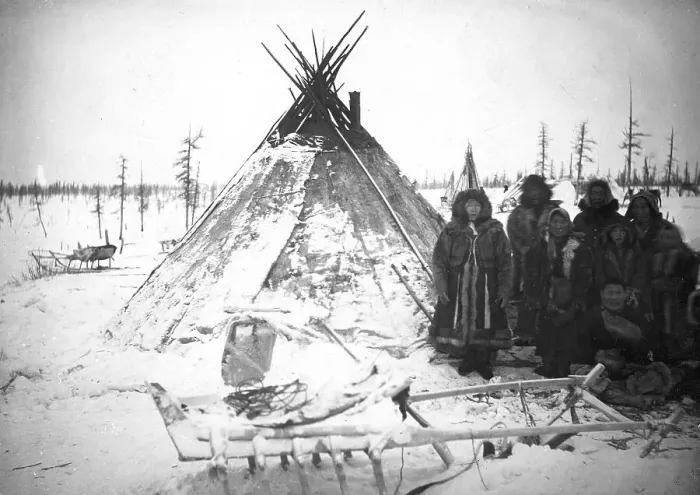 Framed Print : A group of Dolgans of the Yenisei province at the tent, 1925. Creator: Unknown Framed Print : A group of Dolgans of the Yenisei province at the tent, 1925. Creator: Unknown