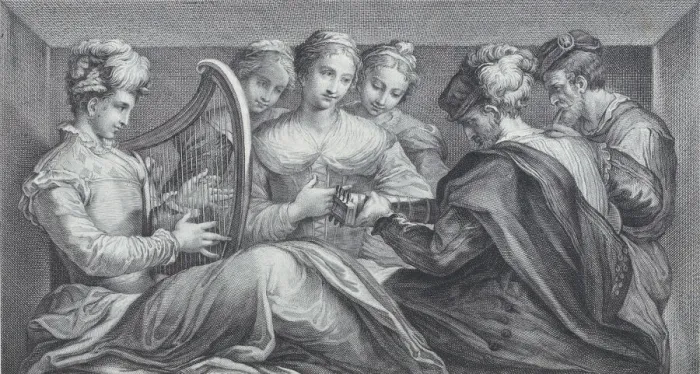 Framed Print : A group of elegantly dressed people playing the harp and a guitar, 1740-68 Framed Print : A group of elegantly dressed people playing the harp and a guitar, 1740-68