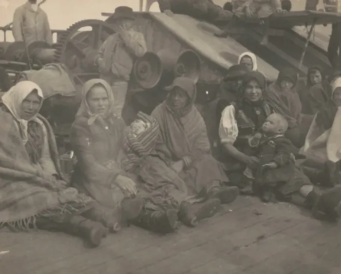 Framed Print : Group of emigrants (women and children) from eastern Europe on deck of the S.S. Amsterdam, 1899. Creator: Frances Benjamin Johnston Framed Print : Group of emigrants (women and children) from eastern Europe on deck of the S.S. Amsterdam, 1899. Creator: Frances Benjamin Johnston