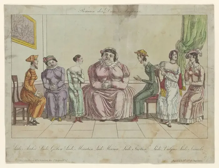 Framed Print : Group of English ladies seated on chairs. 1815. Creators: Anon, Paul-André Basset Framed Print : Group of English ladies seated on chairs. 1815. Creators: Anon, Paul-André Basset