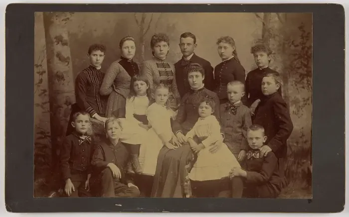 Framed Print : Group family portrait of fifteen people, 1870s. Creator: Unknown Framed Print : Group family portrait of fifteen people, 1870s. Creator: Unknown