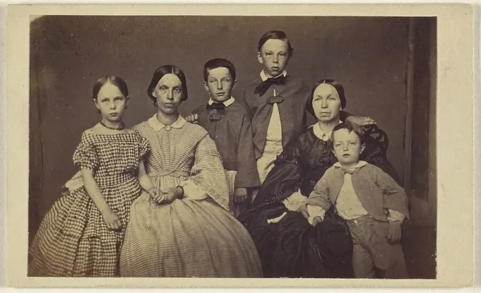 Framed Print : Group family portrait, two women and four children, about 1865. Creator: Unknown Framed Print : Group family portrait, two women and four children, about 1865. Creator: Unknown