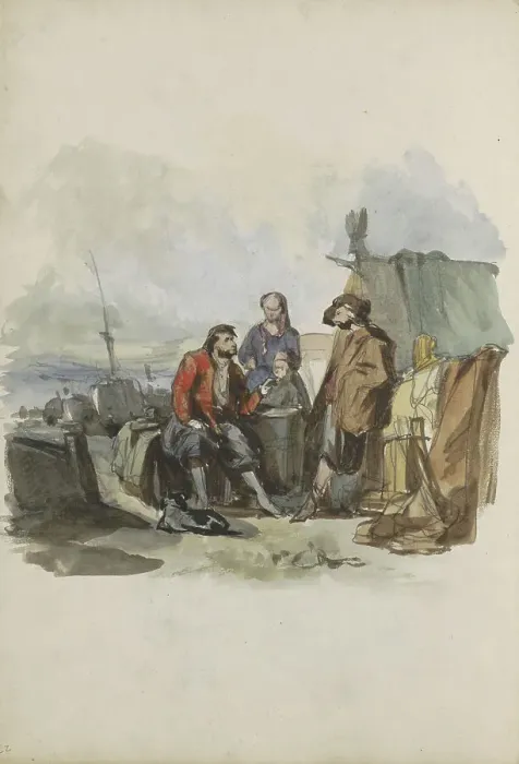 Framed Print : Group of figures at a quay, 1837-1881. Creator: Johannes van Hove Framed Print : Group of figures at a quay, 1837-1881. Creator: Johannes van Hove