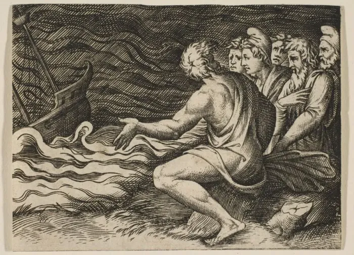 Framed Print : A group of figures at right witnessing a shipwreck, ca. 1515-27. Creator: Marco Dente Framed Print : A group of figures at right witnessing a shipwreck, ca. 1515-27. Creator: Marco Dente