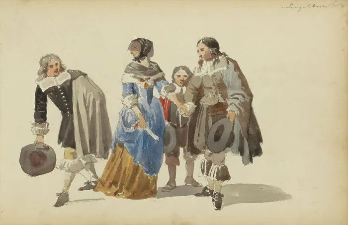 Framed Print : Group of figures in seventeenth century clothing, c.1846-c.1882. Creator: Cornelis Springer Framed Print : Group of figures in seventeenth century clothing, c.1846-c.1882. Creator: Cornelis Springer