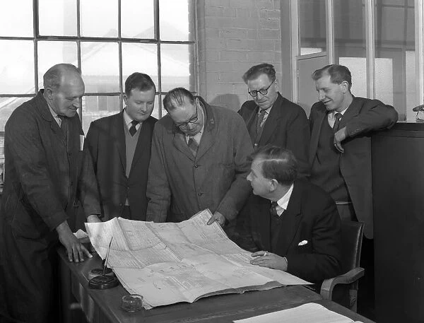A group of foundry staff with technical drawings, Sheffield, South Yorkshire, 1963