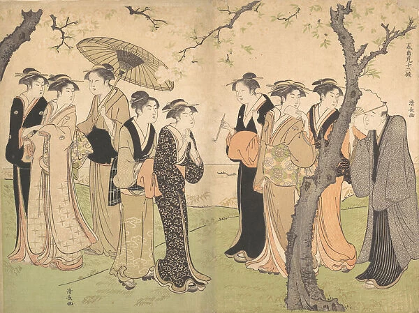 Group of Six Geisha Under the Cherry Trees on Gotenyama, ca. 1785