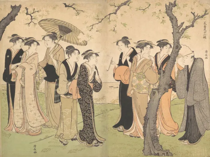 Framed Print : Group of Six Geisha Under the Cherry Trees on Gotenyama, ca. 1785 Framed Print : Group of Six Geisha Under the Cherry Trees on Gotenyama, ca. 1785