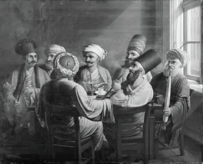 Framed Print : A group of Greek, Armenian and Turkish merchants in a coffee house in Vienna, 1813-1824. Creator: Johan Friedrich Fritz Framed Print : A group of Greek, Armenian and Turkish merchants in a coffee house in Vienna, 1813-1824. Creator: Johan Friedrich Fritz