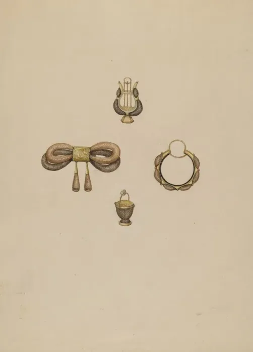 Framed Print : Group of Hair Jewelry, c. 1937. Creator: Sylvia DeZon Framed Print : Group of Hair Jewelry, c. 1937. Creator: Sylvia DeZon