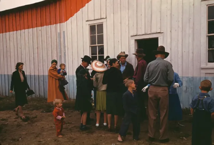 Framed Print : Group of homesteaders in front of the bean house... Pie Town, New Mexico Fair, 1940. Creator: Russell Lee Framed Print : Group of homesteaders in front of the bean house... Pie Town, New Mexico Fair, 1940. Creator: Russell Lee