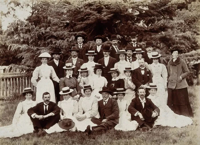 Framed Print : A group of hospital staff, including nurses wearing matching straw hats, standing outdoors. Creator: Unknown Framed Print : A group of hospital staff, including nurses wearing matching straw hats, standing outdoors. Creator: Unknown