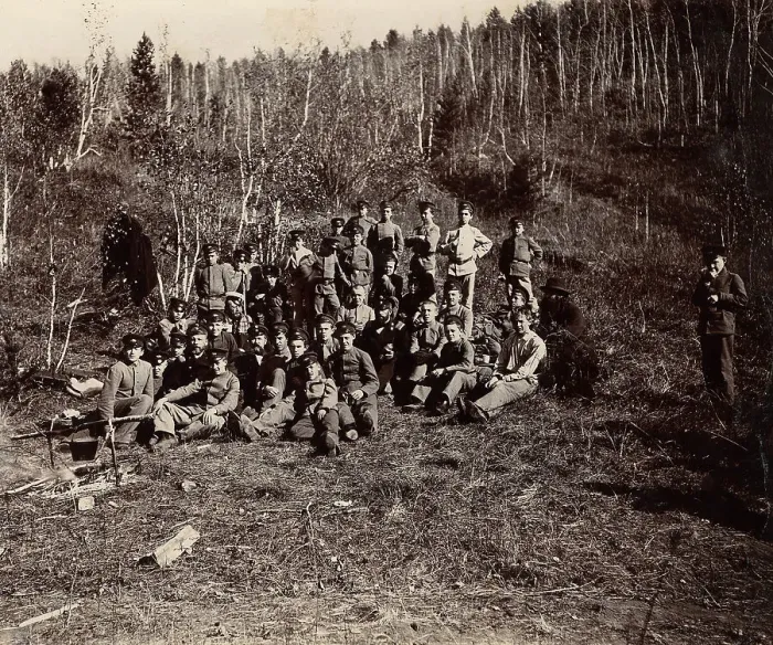 Framed Print : A group of Irkutsk high school students on an excursion in the forest, 1900. Creators: I. A. Podgorbunskii, V. I. Podgorbunskii Framed Print : A group of Irkutsk high school students on an excursion in the forest, 1900. Creators: I. A. Podgorbunskii, V. I. Podgorbunskii