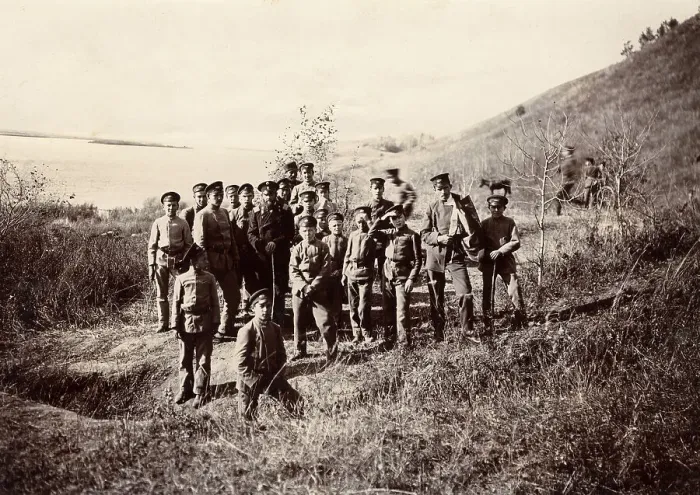 Framed Print : A group of Irkutsk high school students with a teacher on the bank of the river (Ushakovka), 1900. Creators: I. A. Podgorbunskii, V. I. Podgorbunskii Framed Print : A group of Irkutsk high school students with a teacher on the bank of the river (Ushakovka), 1900. Creators: I. A. Podgorbunskii, V. I. Podgorbunskii