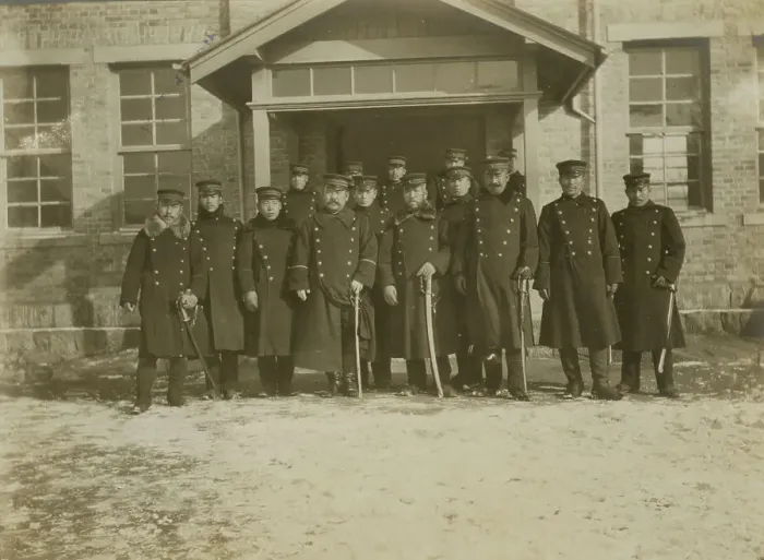 Framed Print : Group of Japanese officers in front of legation at Chemulpo, 1904. Creator: Robert Lee Dunn Framed Print : Group of Japanese officers in front of legation at Chemulpo, 1904. Creator: Robert Lee Dunn