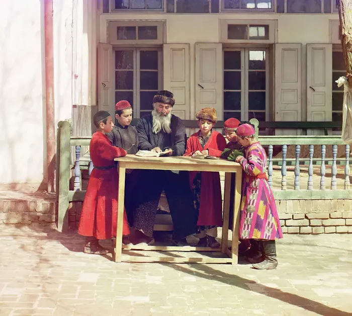 Framed Print : Group of Jewish children with a teacher, Samarkand, between 1905 and 1915. Creator: Sergey Mikhaylovich Prokudin-Gorsky