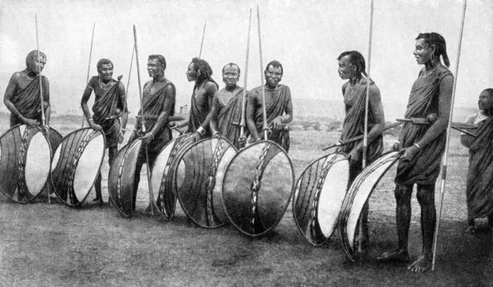 Framed Print : A group of Masai warriors in full battle panoply, 1922. Artist: SJ Hopper Framed Print : A group of Masai warriors in full battle panoply, 1922. Artist: SJ Hopper