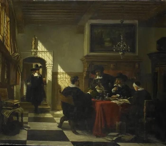 Framed Print : Group of men in 17th-century costume at a table with a Nautilus cup, 1873. Creator: Johannes Anthonie Balthasar Stroebel Framed Print : Group of men in 17th-century costume at a table with a Nautilus cup, 1873. Creator: Johannes Anthonie Balthasar Stroebel