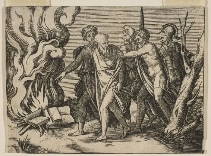 Framed Print : A group of men at right pushing philosophers toward a fire with burning books at th Framed Print : A group of men at right pushing philosophers toward a fire with burning books at th