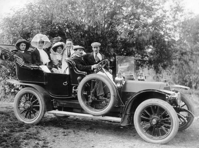 Framed Print : A group of men and women taking an outing in a 1907 Mercedes, 1908 Framed Print : A group of men and women taking an outing in a 1907 Mercedes, 1908