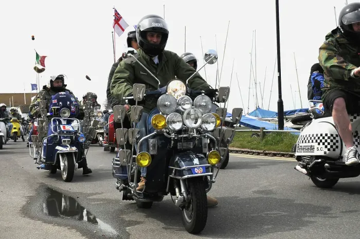 Framed Print : Group of Mods on their Scooters at Mudeford 2008 Framed Print : Group of Mods on their Scooters at Mudeford 2008